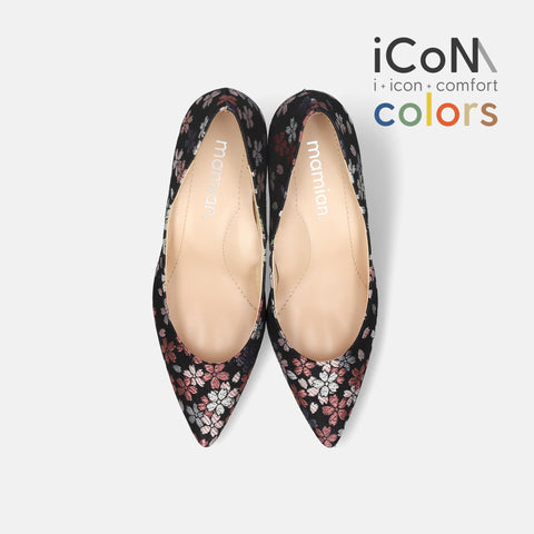 15%OFF：2025SS：iCoN COLORS：ポインテッドトゥ 和柄 パンプス（C76536）ブラック桜/mamian（マミアン）