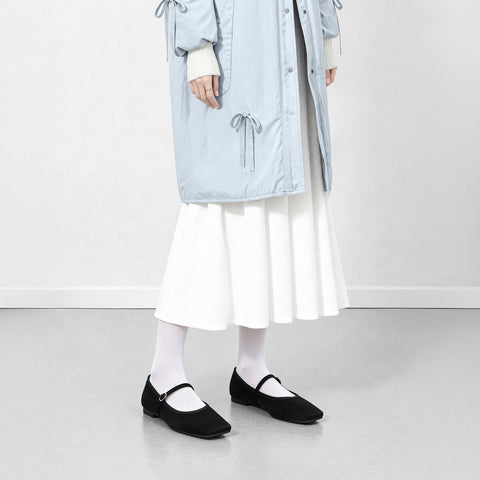 予約：2025AW：スクエアトゥ メリージェーン フラット（m10310）ブラックサテン